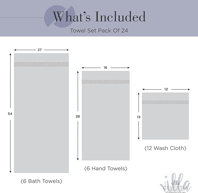 100% Cotton Bath Towel Set of 24-6 Bath Towels, 6 Hand Towels, 12 Wash Cloths, Sustainable, Soft, Highly Absorbent, Combed Cotton 24 Piece Set for Hotels, Spa, Bathroom, Dorm, Navy Blue