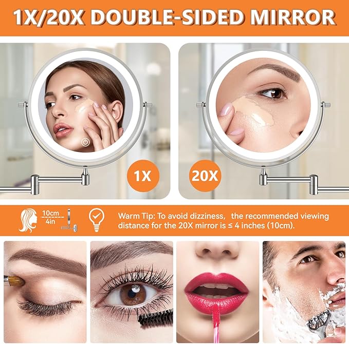 Auxmir 8'' Wall Mounted Lighted Makeup Mirror, 3200mAh Rechargeable