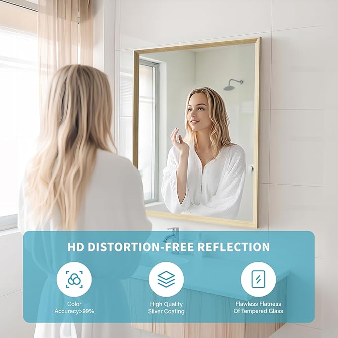 Oak Wood Effect Framed Wall Mirror, 24x32 Rectangle Mirror, 1/8"