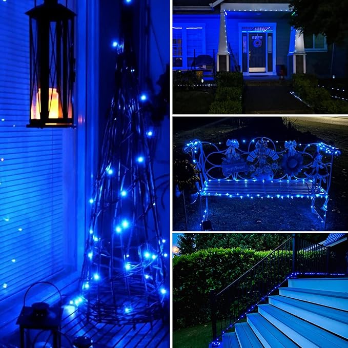 JMEXSUSS 4 Pack 100 LED Solar Fairy Lights, 33ft Blue Solar String Lights Outdoor Waterproof, 8 Modes Copper Wire Solar Twinkle Lights for Patio Garden Yard Tree Christmas Halloween Decor