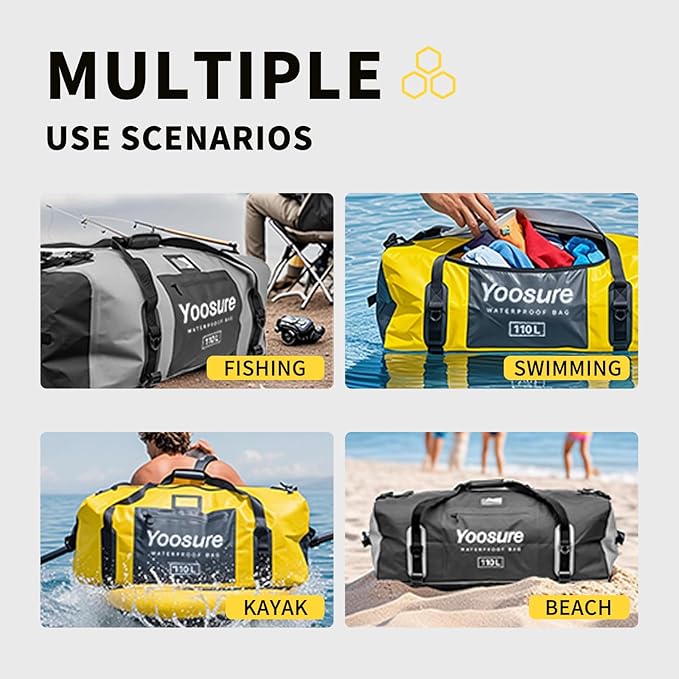 Waterproof Duffel Bag 110L- Airtight Zipper Dry Bags, Extra Large Dry Bag with Straps&Handles for Camping Boating Kayaking Rafting Canoeing Gym Beach Car Roof Storage (Black)