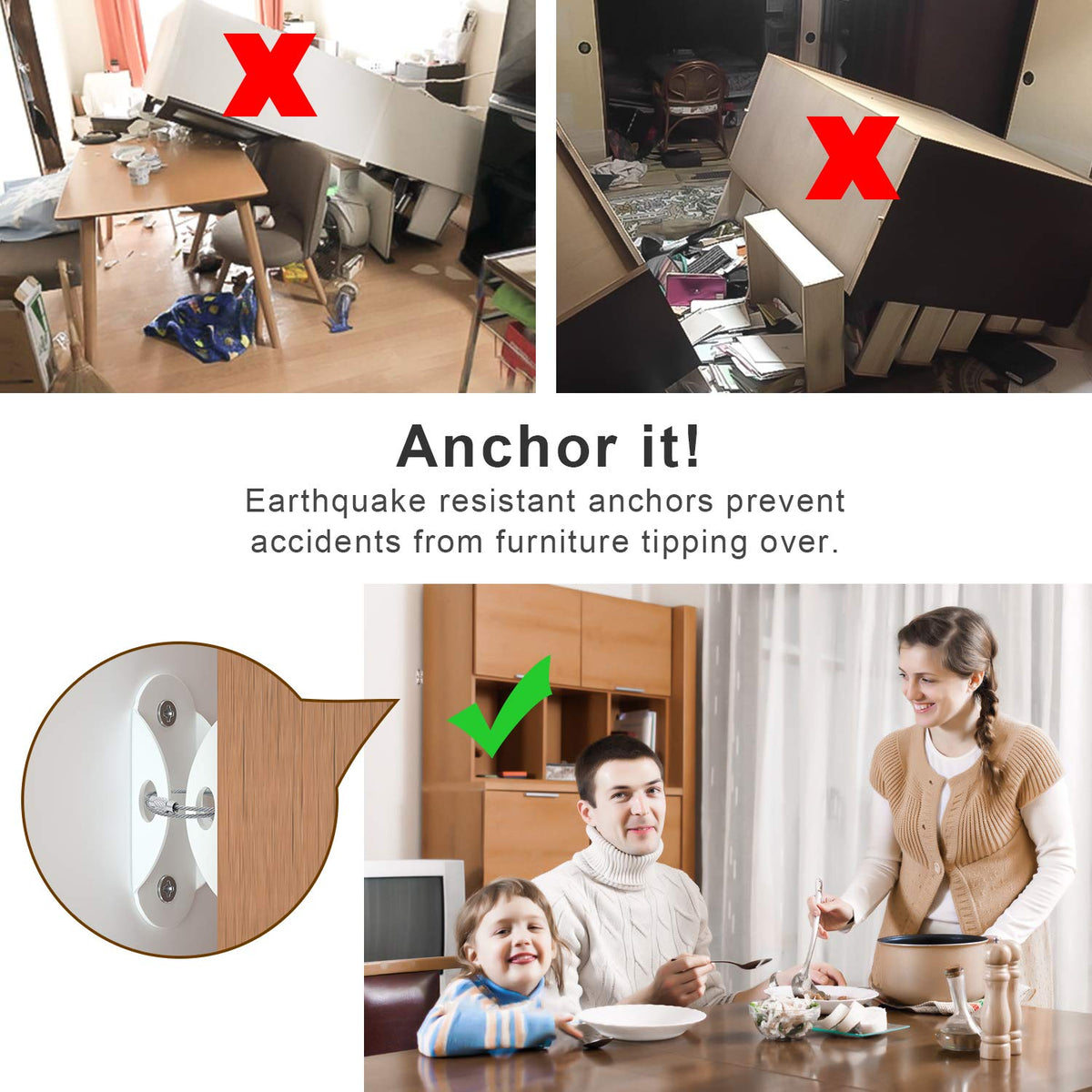 4our Kiddies 10 Pack Furniture Anchors for Baby Proofing, Anti Tip Furniture Wall Anchors, Secure 400 Pounds Cabinet, Bookcase, Dresser to Wall, Earthquake Furniture Straps for Child Safety