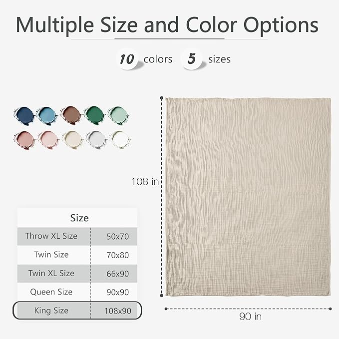 Carriediosa 100% Cotton Muslin Throw Blanket 108" X 90" King Size，4-Layers Summer Gauze Throws for Bed Couch，Soft Lightweight Breathable Linen Blankets Bedspread for Adults All Season，Khaki