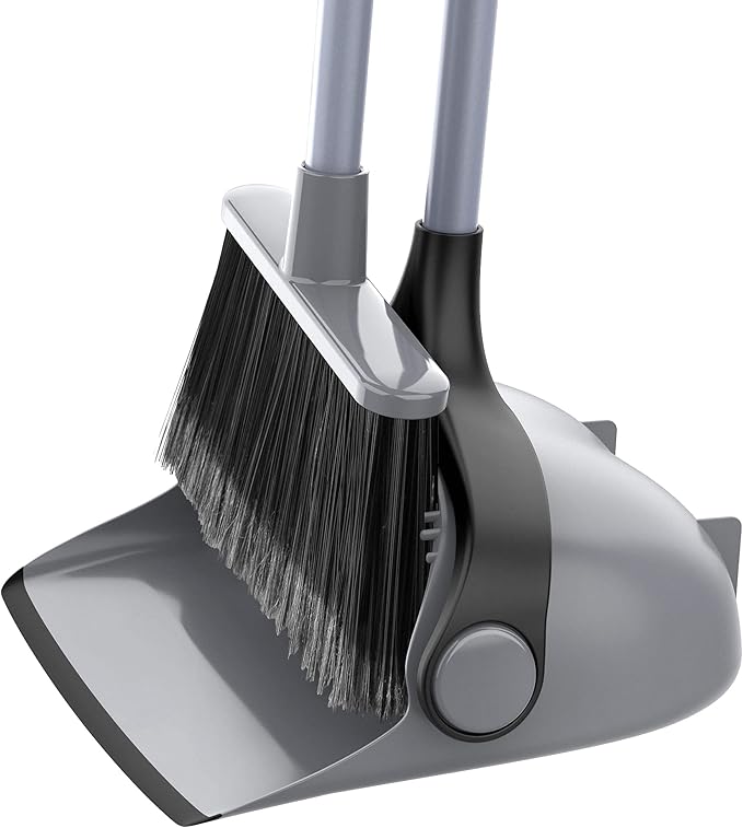 MR.SIGA Broom and Dustpan Set with Adjustable Long Handle, Upright Combo for Floor, Cleaning Lobby, Gray