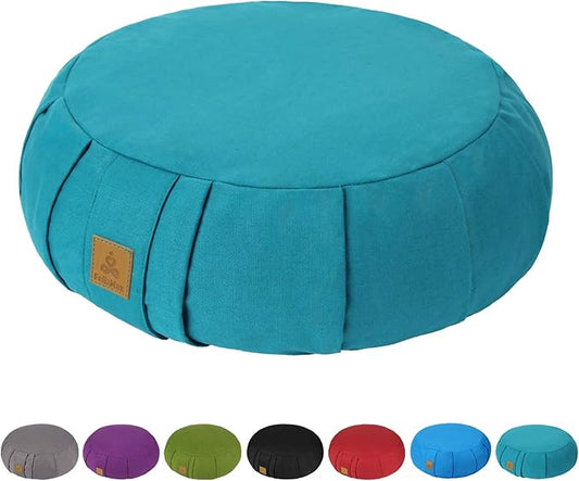 Round Zafu Meditation Cushion, D=15" H=5.5" Zabuton Meditation Pillow, Yoga Bolster/Pillow, Floor seat, Zippered Organic Cotton Cover, Natural Buckwheat, Kneeling Pillow