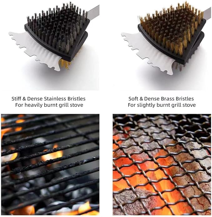 Double Sided Grill Cleaning Brush and Scraper, 16.5" BBQ Brush, Barbecue Cleaner with Stainless & Brass Bristles, Grilling Grate Cleaner, Safe Grill Accessories for Cast Iron/Stainless Steel Grate