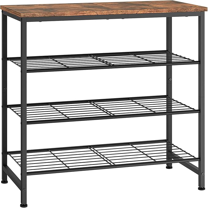 usikey 4-Tier Shoe Rack, Industrial Shoe Storage Organizer for 9-12 Pairs of Shoes, Metal Shoe Shelf with Wooden Top, Shoe Stand with 3 Metal Shelves for Entryway, Hallway, Closet, Rustic Brown