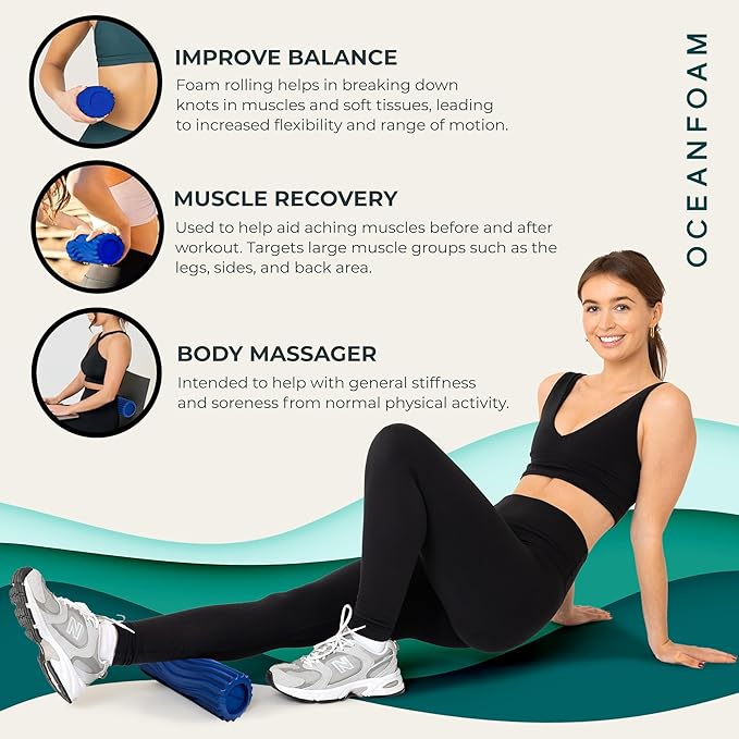 Oceanfoam Ripple Travel Foam Roller (11" x 3.35") Firm Mini Foam Roller for Physical Therapy, Deep Tissue Massage, Back Pain - High Density, Ergonomic Wave Textured - Yoga, Exercise (Royal Blue)