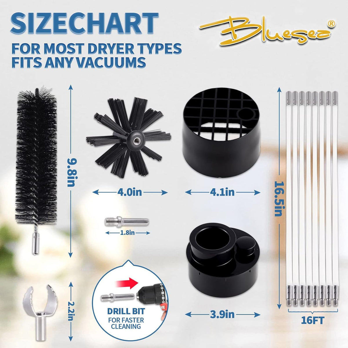 Bluesea 7 Pieces 16 Feet Dryer Vent Cleaner Kit, Reinforced Nylon Dryer Vent Cleaning Kit, Durable Dryer Vent Brush Vacuum Attachment with Flexible Lint Trap Brush, Vacuum & Dryer Adapters Upgrade