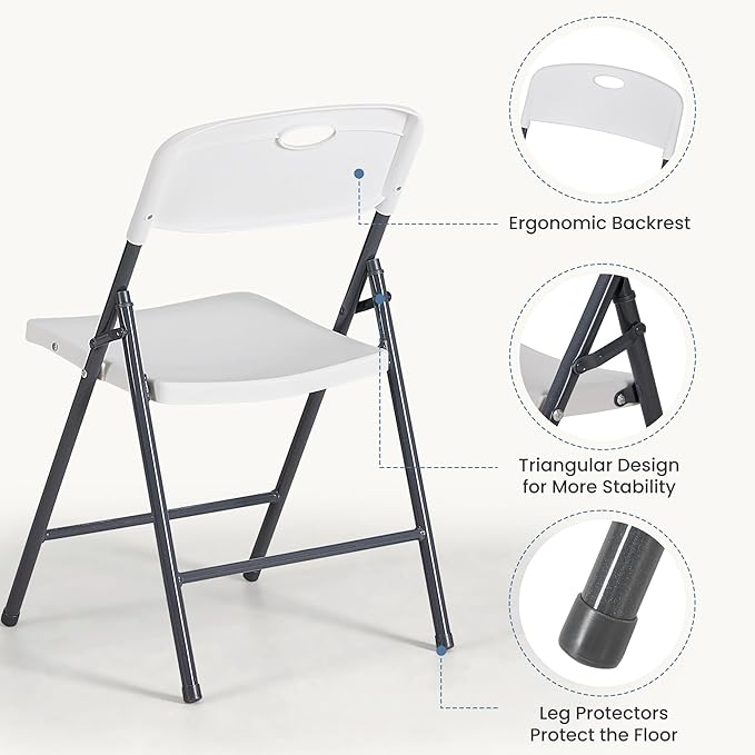 DUMOS 10 Pack Folding Chairs Heavy Duty - Plastic Stackable Portable Dining Chairs Set, Wedding, Party, Patio, Garden, for Indoor Outdoor, for Home and Office, Conference, White