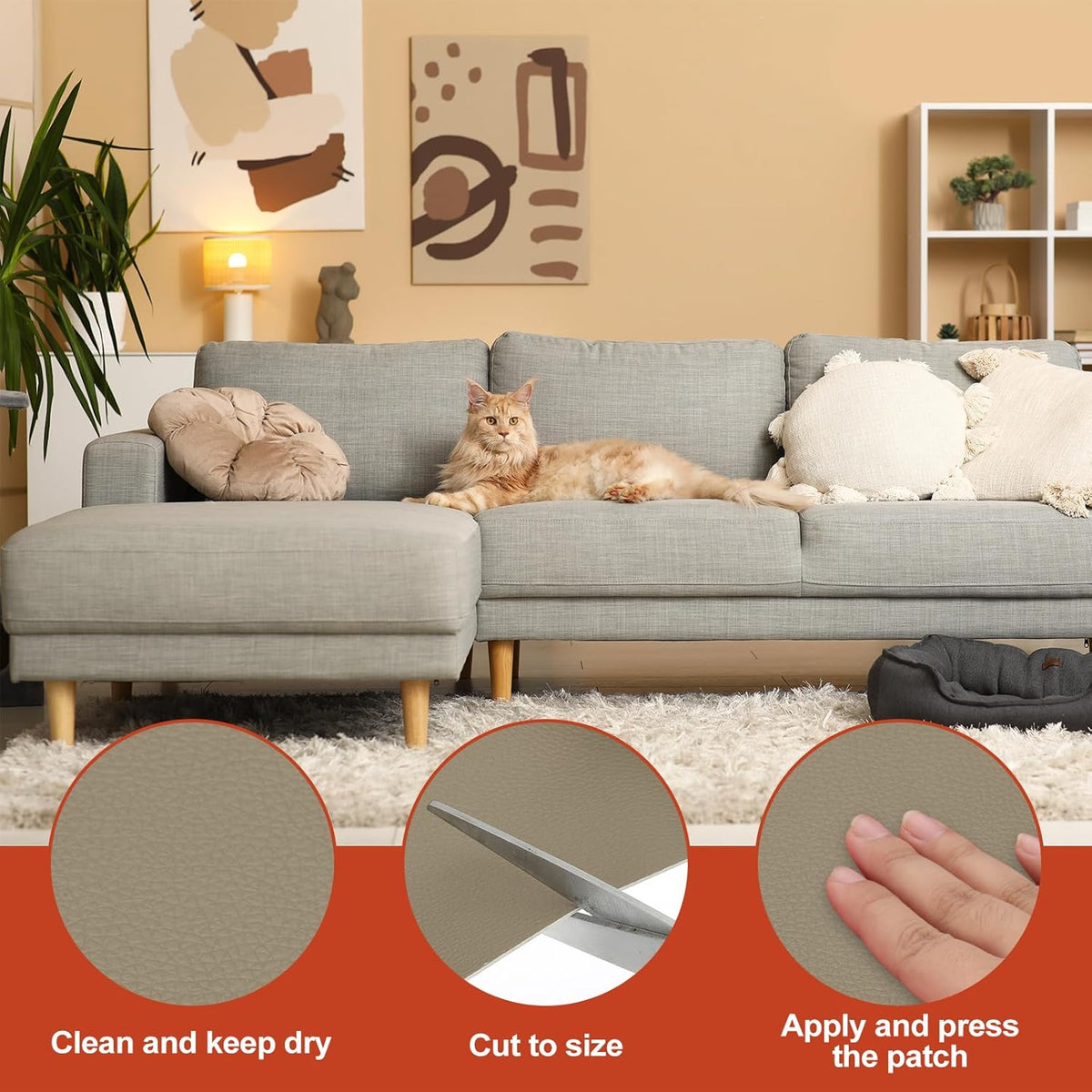 PATIKIL Leather Patches Tape for Furniture, 3.2 x 61 Inch Self Adhesive Vinyl Leather Repair Kit Cover Sheet for Couch, Sofa, Car Seats, Office Chair, Gray Khaki