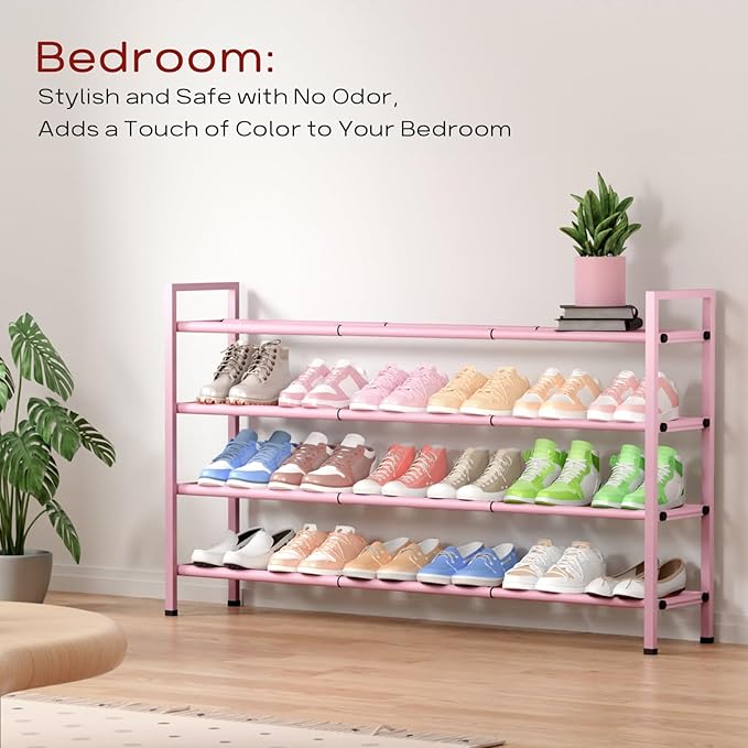 Bumusty 4-Tier Long Expandable Shoe Rack for Closet, 18"-44" Adjustable Shoe Rack for Entryway, 20-24Pairs Large Shoe Organizer Shelf Storage, Sturdy Metal, Black