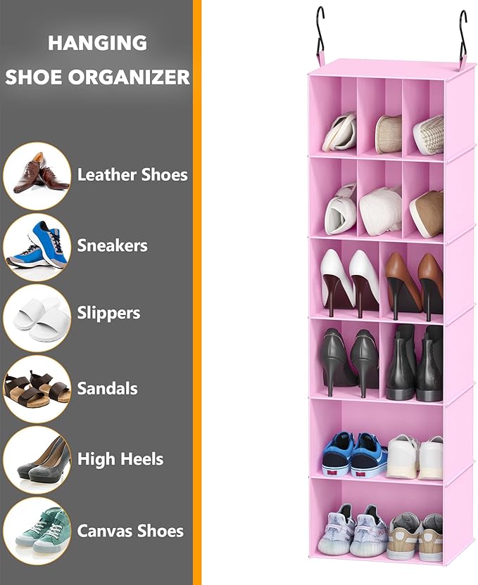 SpaceAid 2 Pack Hanging Closet Organizer and Storage with Dividers, 24 Compartments Hanging Shoe Shelves for Closet, Wardrobe, RV, Garment Rack - Pink