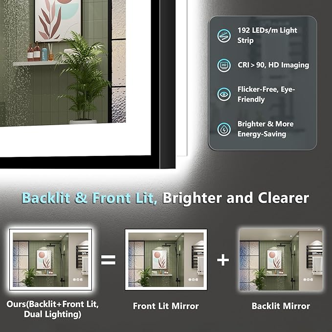 44x36 Black Framed LED Bathroom Mirror