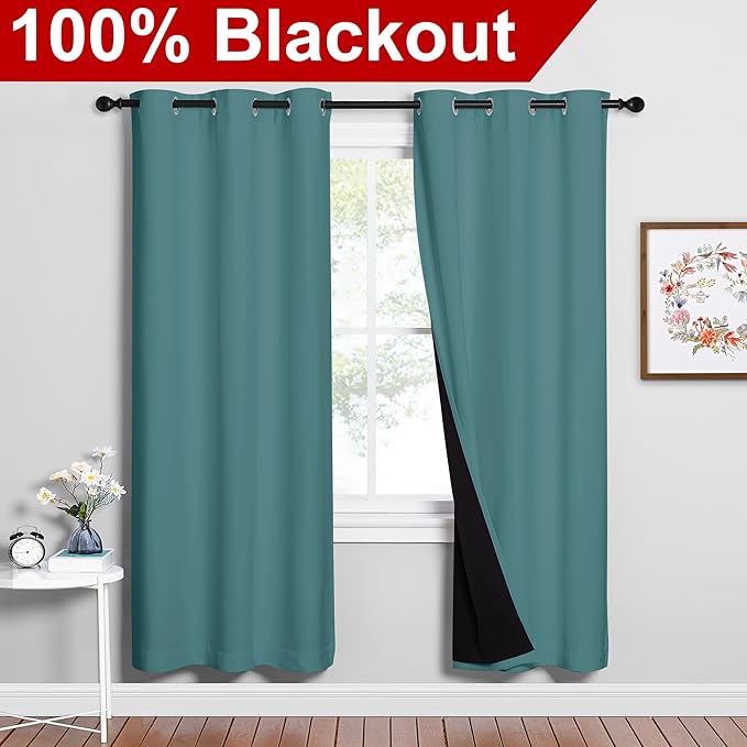 NICETOWN 100% Blackout Window Curtain Panels, Sea Teal, 2 Pieces, 42-inch Wide