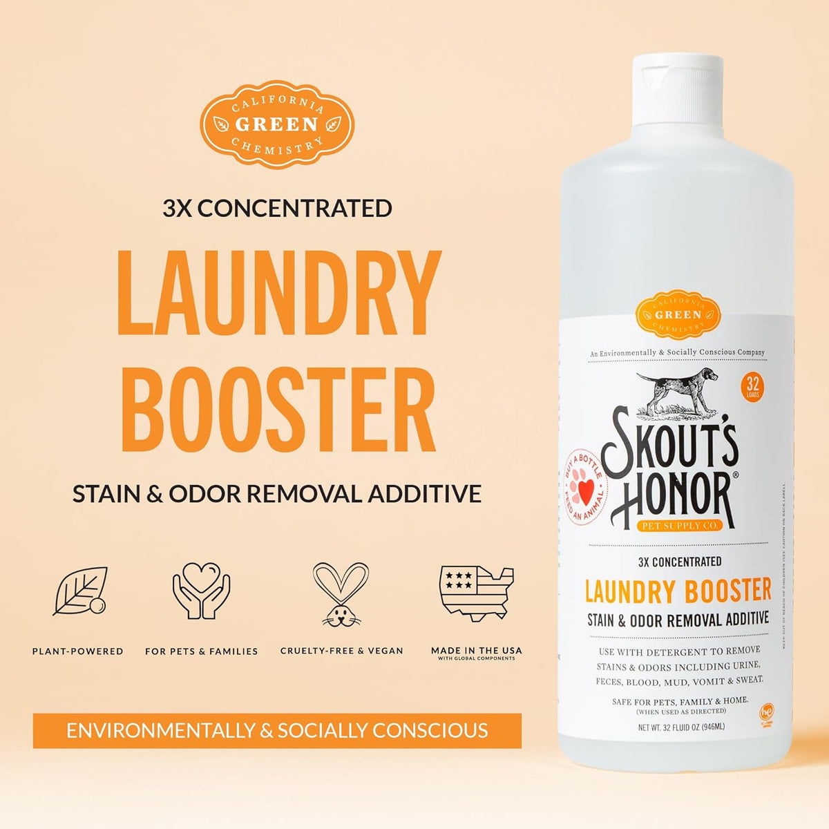 Skout's Honor Laundry Booster Stain & Odor Removal Additive - Plant-Powered Formula for Pet Bedding, Clothing, and Washable Pee Pads - Eco-Friendly & Cruelty-Free, 32 oz, 2-Pack
