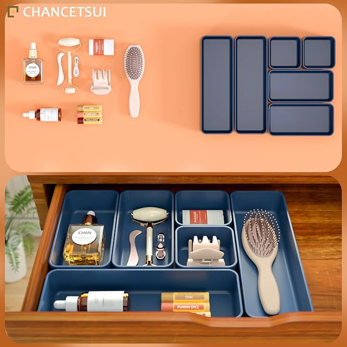 Drawer Organizers, Storage Plastic Desk Bins Stackable Organizers Tray, Bathroom Dividers Small Makeup Bin Clothes Organizing Trays for Containers Vanity Office Cabinet Sliverware Set, Blue