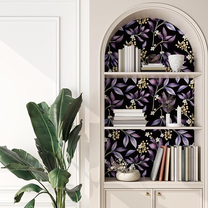 Extra Long Vintage Purple Leaves Wallpaper, 17.5In x 393In Black Botanical