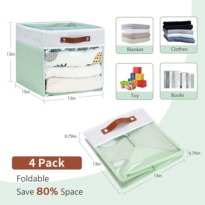 HNZIGE 13x15x13 Cube Storage Bins, 4 Pack Fabric Clear Organizer With Window, Large Collapsible Shelf Bins for Closet, Toy, Clothes - White Green
