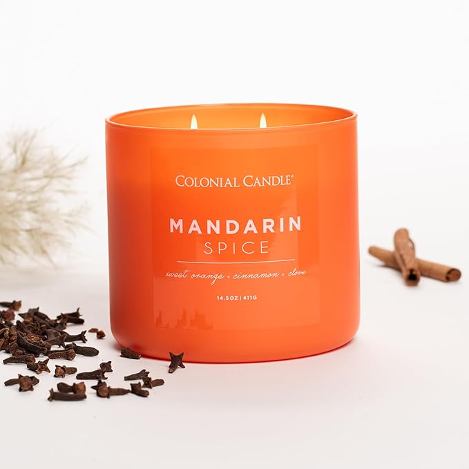 Colonial Candle Pop of Color Mandarin Spice 14.5 Oz Scented Matt Glass Jar Candle, Three Premium Cotton Wicks