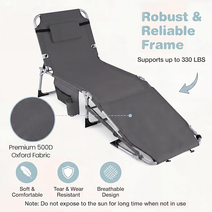 Giantex Tanning Chair, 330Lbs Patio Lounge Chair with 5 Adjustable Position, Face & Arm Hole, Hand/Shoulder Strap, Removable Pillow, Side Pocket, Chaise Lounger for Beach Sunbathing Outdoor, Grey