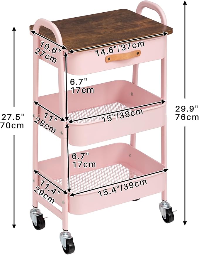 AGTEK Makeup Organizer Cart with Drawer, 3-Tier Metal Utility Cart with Hanging Cups, Leather Handle, Mobile Trolley for Home & Office, Pink