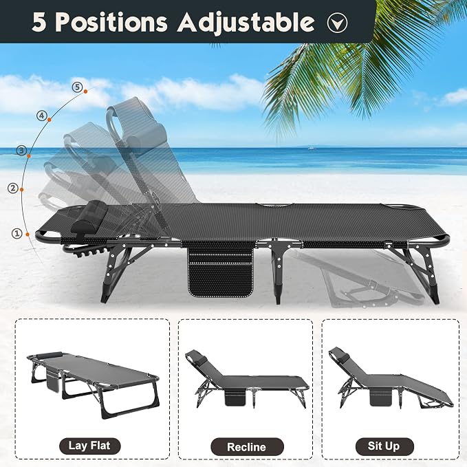 MOPHOTO 5-Position Folding Cot, Portable Outdoor Folding Chaise Lounge Chair for Sun Tanning, Perfect for Pool, Beach, Patio Sunbathing