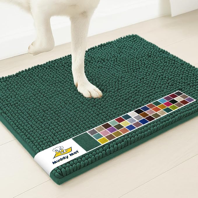 Muddy Mat® | Super Water Absorbent Door Mat Indoor, Microfiber Quick Dry Chenille Entryway Rug, Slip Resistant Front Door Mat, Indoor Mats for Entryway, Machine Washable Pet Rug, Dark Green 32" x 44"
