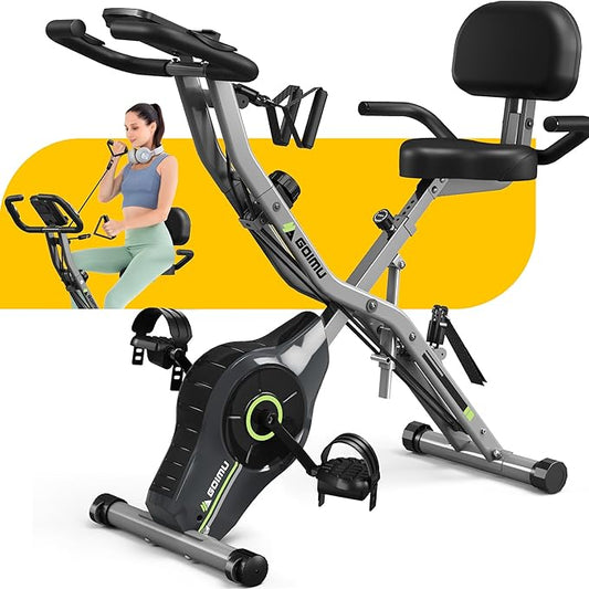 Exercise Bike, 5 in 1 Foldable Stationary Bike for Seniors, 16-Level Adjustable Magentic Resistance, Indoor Workout Bike with 330LB Capacity, Comfortable Seat Backrest X-bike