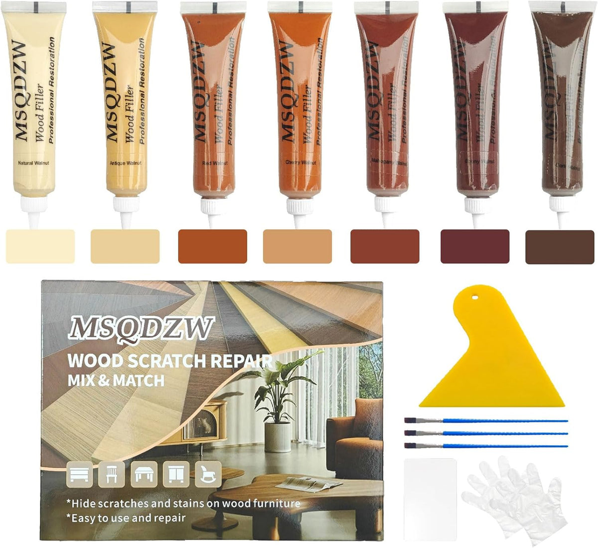 Wood Repair Kit, 13Pcs Wood Fillers, Furniture Repair Kit Scratch Cover for Wood Cracks, Stains, Discoloration for Furniture, Table, Door, Cabinet, Floor Wood Touch Up Wood Stain Paint, Dark Walnut