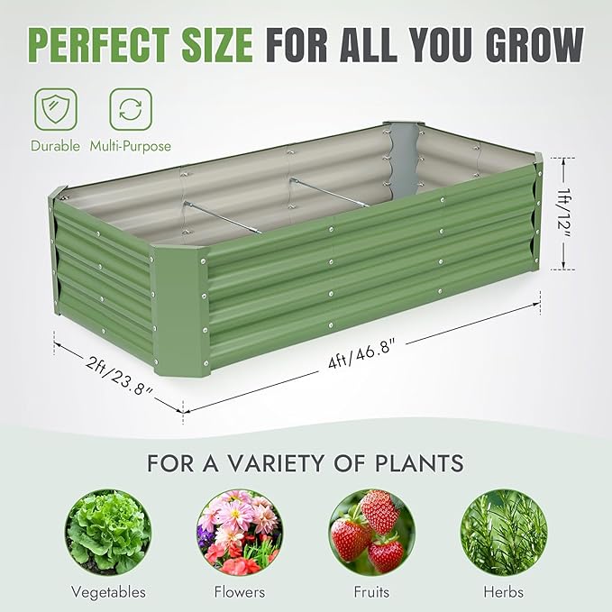 INNO STAGE 2 Pcs 4×2×1ft Galvanized Raised Garden Bed Kit, Galvanized Planter Raised Garden Boxes Outdoor, Large Metal Raised Garden Beds for Vegetables, Flowers, Herbs, and Succulents, Olive Green