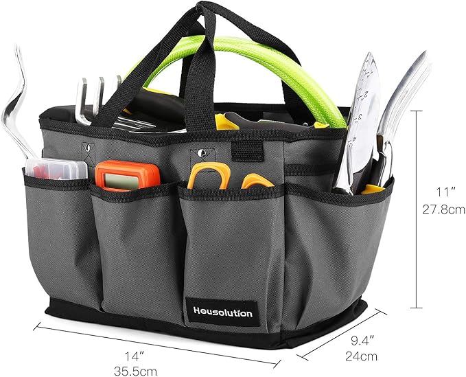 Housolution Gardening Tote Bag, Deluxe Garden Tool Storage Bag and Home Organizer with Pockets, Wear-Resistant & Reusable, 14 Inch, Gray + Black