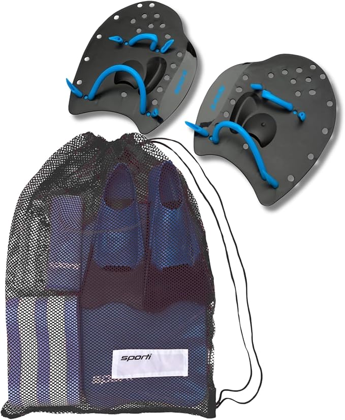 𝗦𝗽𝗼𝗿𝘁𝗶 Power Swim Paddles for Lap Swimming - Adjustable Straps - Lap Swimming Gears - Hand Paddles for Adults & Kids