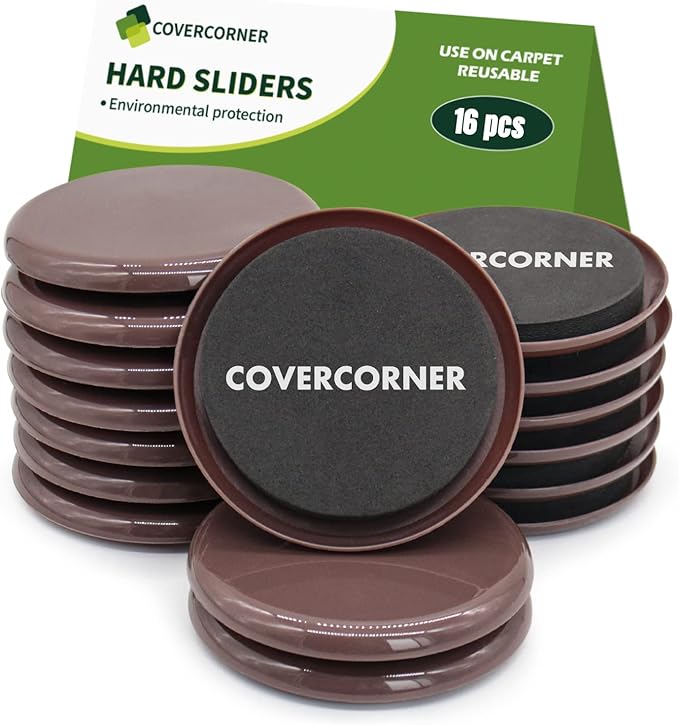 Furniture Sliders for Carpet 16 PCS - 3 1/2 inch Sliders for Moving Furniture – Appliance Slider for for Carpet Brown