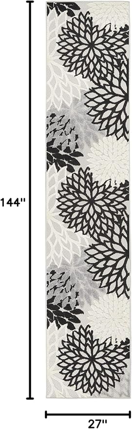 Nourison Aloha Indoor/Outdoor Black White 2'3" x 12' Area Rug, Tropical, Botanical, Easy Cleaning, Non Shedding, Bed Room, Living Room, Dining Room, Deck, Backyard, Patio (2x12)