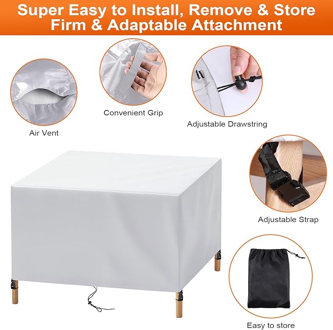 Patio Furniture Cover Rectangle 80"(L) x 48"(W) x 40"(H), Custom Heavy Duty 420D Waterproof Outdoor Cover with Drawstring & Buckles for Table Chair Garden, Silver