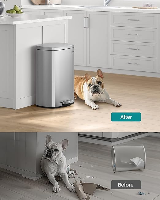 SONGMICS 13 Gallon (50 L) Trash Can, Stainless Steel Kitchen Garbage Can, Recycling or Waste Bin, Soft Close, Step-On Pedal, Removable Inner Bucket, Silver ULTB050E01