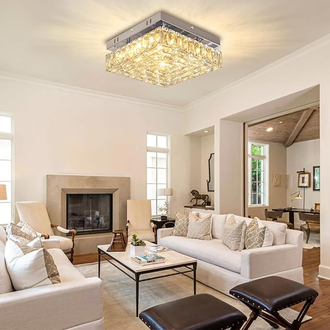 Square Crystal Ceiling Light 10.6" Modern LED Bedroom Chandelier Small Flush Mount Ceiling Lights Fixture for Kitchen Dining Room (Warm Light)