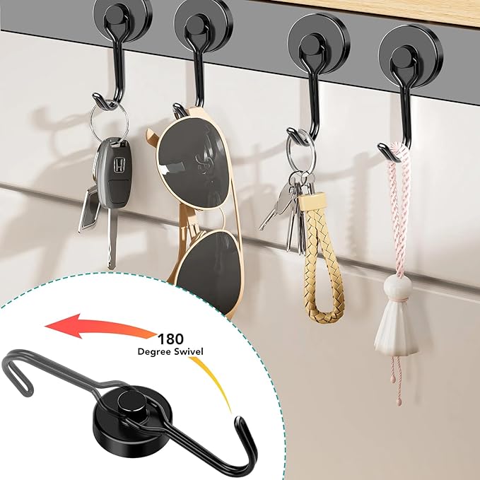 DIYMAG Black Magnetic Hooks, 80LBS Strong Magnetic Hooks Heavy Duty, Strong Magnet Hooks with Metal Hanger for Hanging Refrigerator Home Kitchen Office, 4Pack