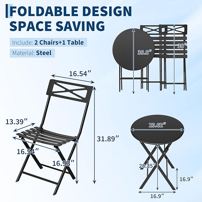 GarveeLife 3 Piece Patio Bistro Set, New Iron Outdoor Furniture Set, Metal Table and Chairs Set for Balcony, Garden or Porch, Black