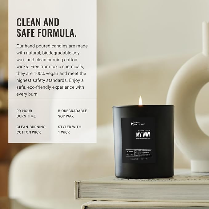 Hotel Collection - My Way Single Wick Classic Candle - Hotel Inpsired Luxury Candle - 90 - Hours Burn Time - Hints of Oud Wood, Leather, and Sandalwood - 14 oz - Black