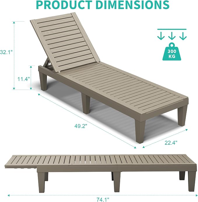 Outdoor Lounge Chair Set of 2, 5-Positions Adjustable Patio Chaise Lounges, Waterproof Tanning Chairs for Poolside, Backyard, Scratch-Resistant & Easy to Clean (Grey Striped, Set of 2)