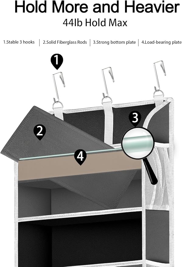 1 Pack Over The Door Organizer Storage, Hanging Organizer Closet with 5 Large Pockets 10 Mesh Pockets, 44 lbs Weight Capacity, Behind Door Storage for Nursery Bedroom Bathroom (Dark Grey)
