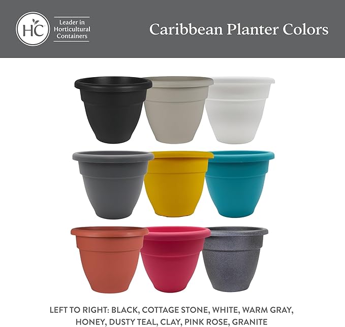 The HC Companies 6 Inch Caribbean Planter Pots with Drainage & Plug, Rolled Rim Plastic Planters for Indoor & Outdoor Plants, 4-Pack Decorative Flower Pots for Garden, Office & Home Decor, Black