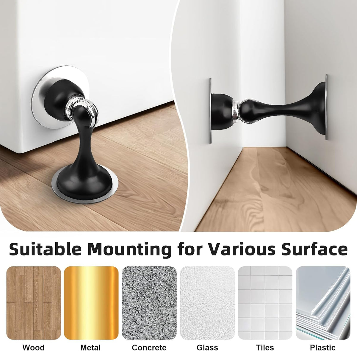 Probrico Black Magnetic Door Stoppers for Bottom of Door, Stainless Steel Magnet Door Catch Door Stops to Keep Door Open, Heavy Duty Door Holder, Wall and Floor Mounting, 4 Pack