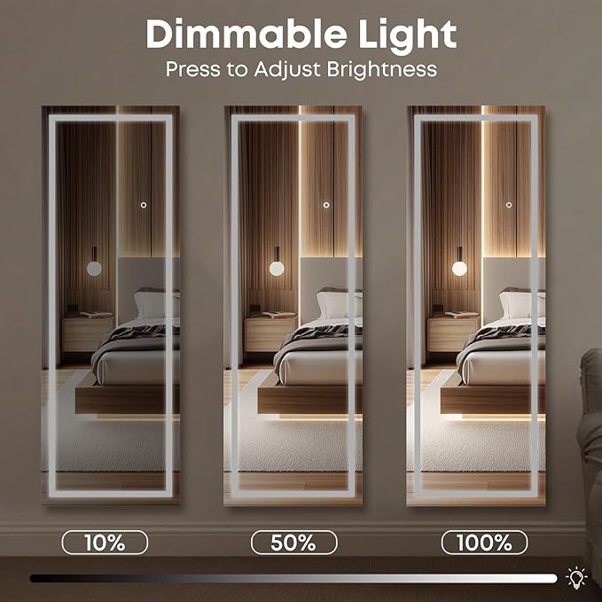 Kosmonia 67x24 Frameless Full Length Mirror, Dimmable 3 Color LED Light