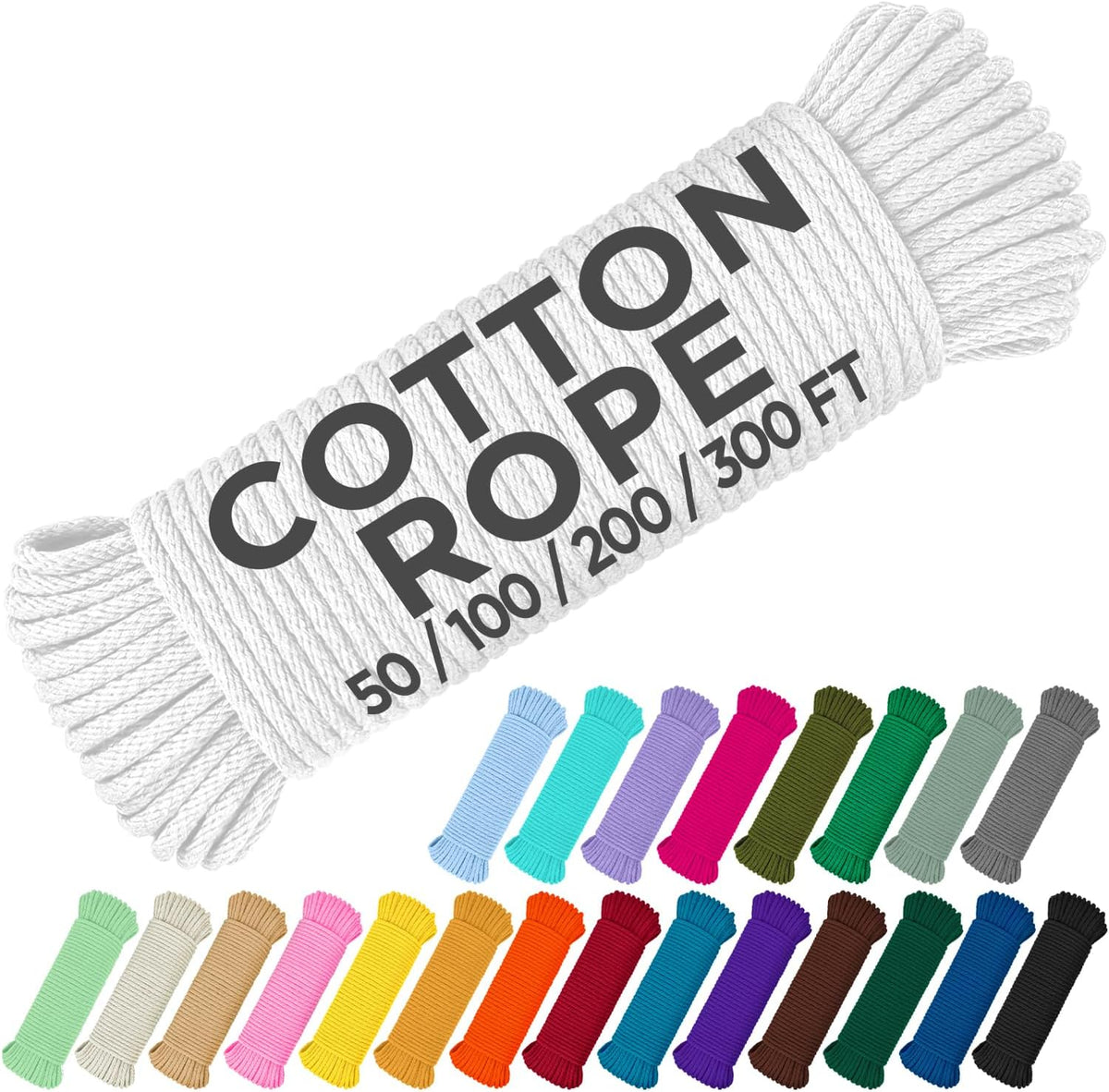 TECEUM Cotton Rope 3/16” (5 mm) – 100 FT – Strong All-Purpose Braided Rope – Natural Cotton – for Crafting, Сamping, Clothes Line, DIY, Indoor & Outdoor Use – White