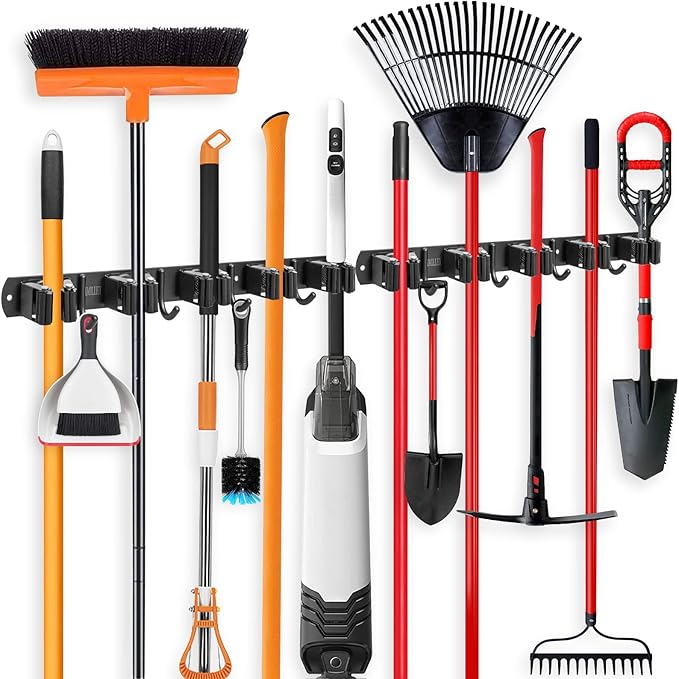 IMILLET 2 Pack Broom and Mop Holder Wall Mounted, Broom Holder Stainless Steel Broom Organizer Heavy Duty Tools Organizer Self Adhesive for Laundry Room Garage Garden（5 Racks and 4 Hooks）