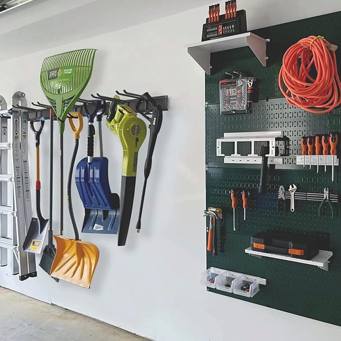 Wall Mount Tool Storage Rack, Heavy Duty Garage Storage Tool Organizer, Garden Tool Wall Hooks and Hangers, Hold Up to 350lbs (Black 6pcs)