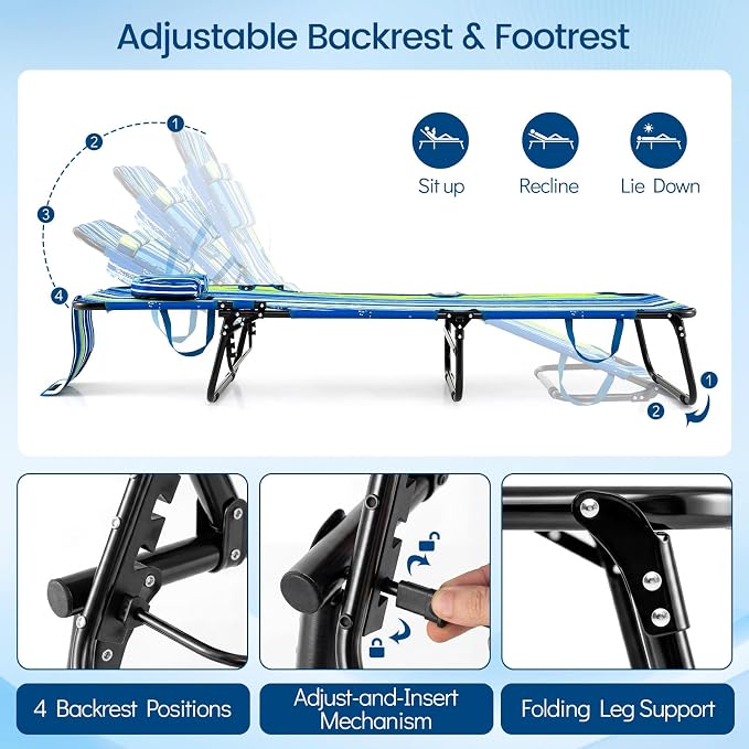 Giantex Tanning Chair, Folding Beach Chair, Adjustable Patio Lounge Chair with Face Hole, Removable Pillows, Carry Strap, Layout Chair, Set of 2 Outdoor Chaise Lounger for Poolside Yard Lawn